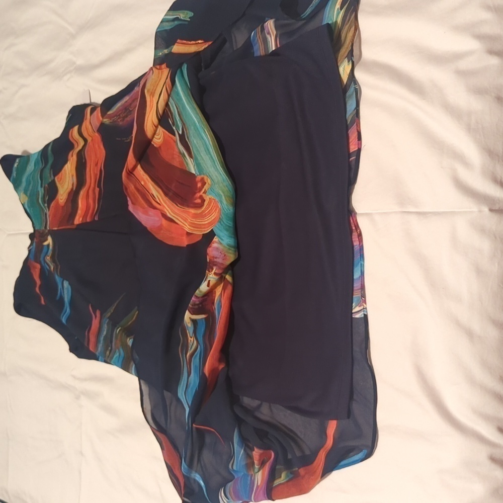 SIGNATURE by ROBBIE BEE. Abstract Print Chiffon. Color Navy Blue Green Orange. - Picture 9 of 11